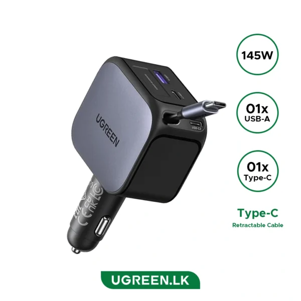 UGREEN 145W Nexode Car Charger with Retractable Cable 2x Type-C+ USB  - EC604 - 55910B - 1 Year Warranty