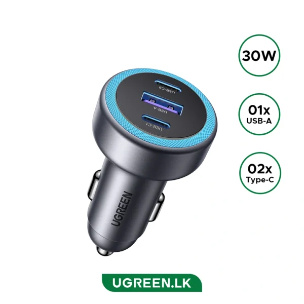 UGREEN 30W 3-Port Fast Car Charger - EC307 - 45843 - 1 Year Warranty