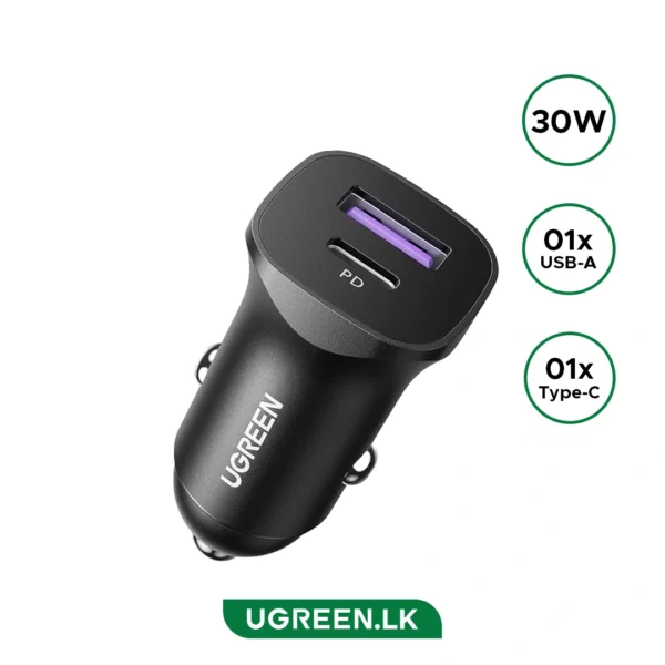 UGREEN 30W Type-C + USB Dual Port Car Charger - CD130 - 25045 - 1 Year Warranty
