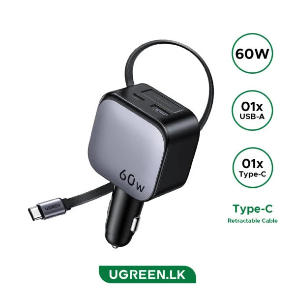 UGREEN 60W Retractable Cable With Type-C+USB Car Charger - EC602 - 55212B - 1 Year Warranty