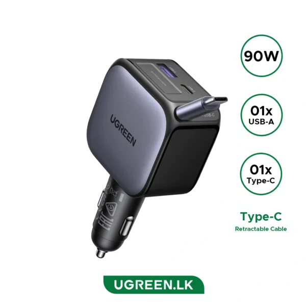 UGREEN 90W Retractable Cable With Type-C+USB Car Charger - EC603 - 55909B - 1 Year Warranty