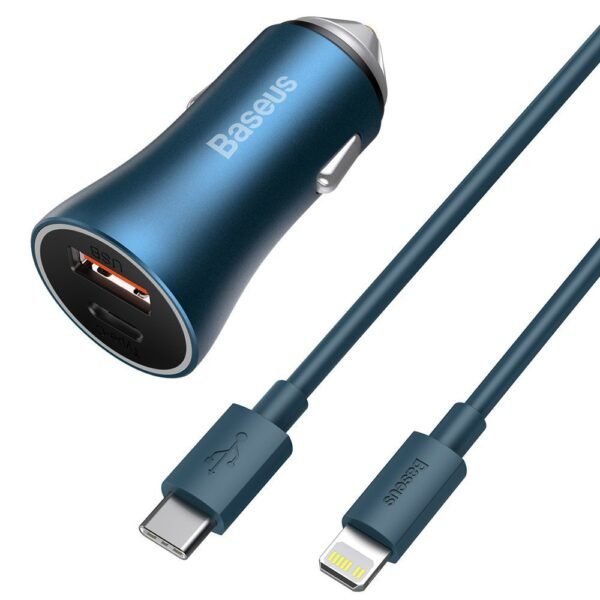 Baseus U+C 40W Golden Contactor Pro Dual Quick Charger Car Charger - With Baseus  Type-C to Lighting 1M Cable )Blue- TZCCJD-03- 1 Year Warranty