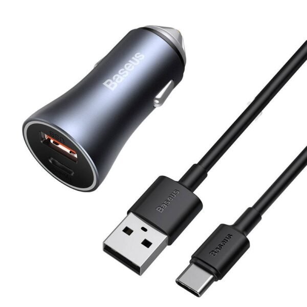 Baseus U+C 40W Golden Contactor Pro Dual Quick Charger Car Charger With Baseus Simple wiring USB For Type-C 5A 1.0m Dark Gray - TZCCJD-0G - 1 Year Warranty